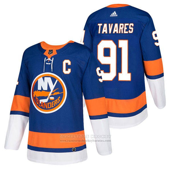 Camiseta Hockey New York Islanders 91 John Tavares Autentico Primera Captain 2018 Azul
